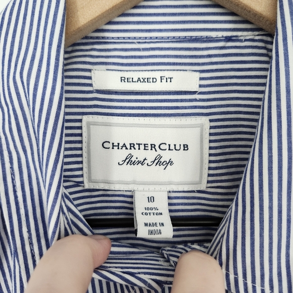Charter Club Womens Button Front Top Size 10 Blue White Stripe All Over Flowers - Picture 4 of 8